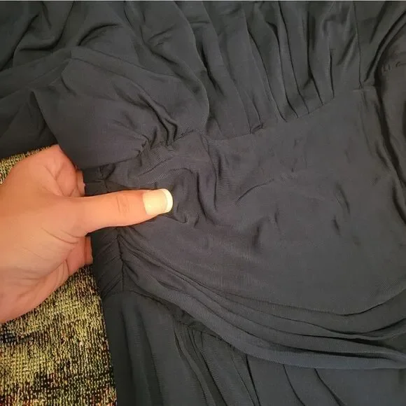 Yigal Azrouel Draped Leather Trim Cold Shoulder Designer Dress Blue 2 - Picture 9 of 13